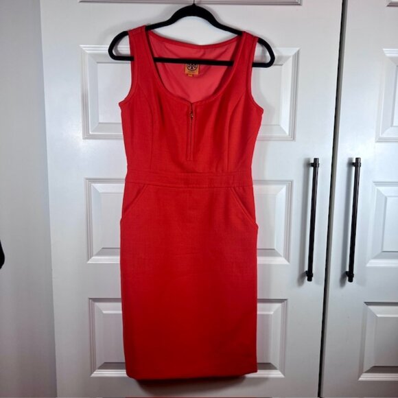 Tory Burch Red/Orange Zip Front Sleeveless Sheath Dress Wool Blend Size 4 - Picture 2 of 11